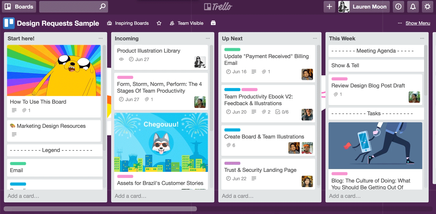 Доска Trello «Design Requests Sample»: четыре списка с карточками, метками и обложками
