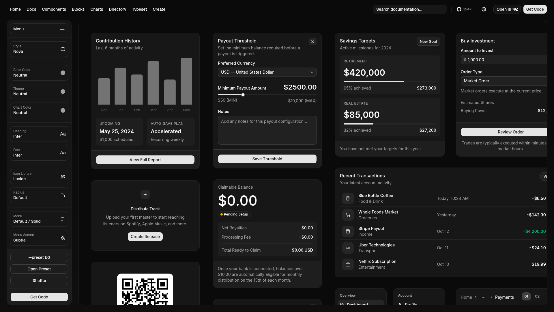 Конструктор shadcn/ui: панель настроек стиля, цветов, шрифтов и радиусов слева, превью компонентов справа